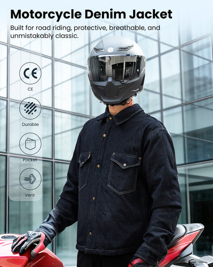 Motorcycle Shirt Denim Jacket for Men with CE Armor Mesh Liner Lightweight Motorbike