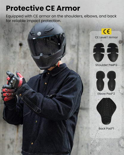 Motorcycle Shirt Denim Jacket for Men with CE Armor Mesh Liner Lightweight Motorbike
