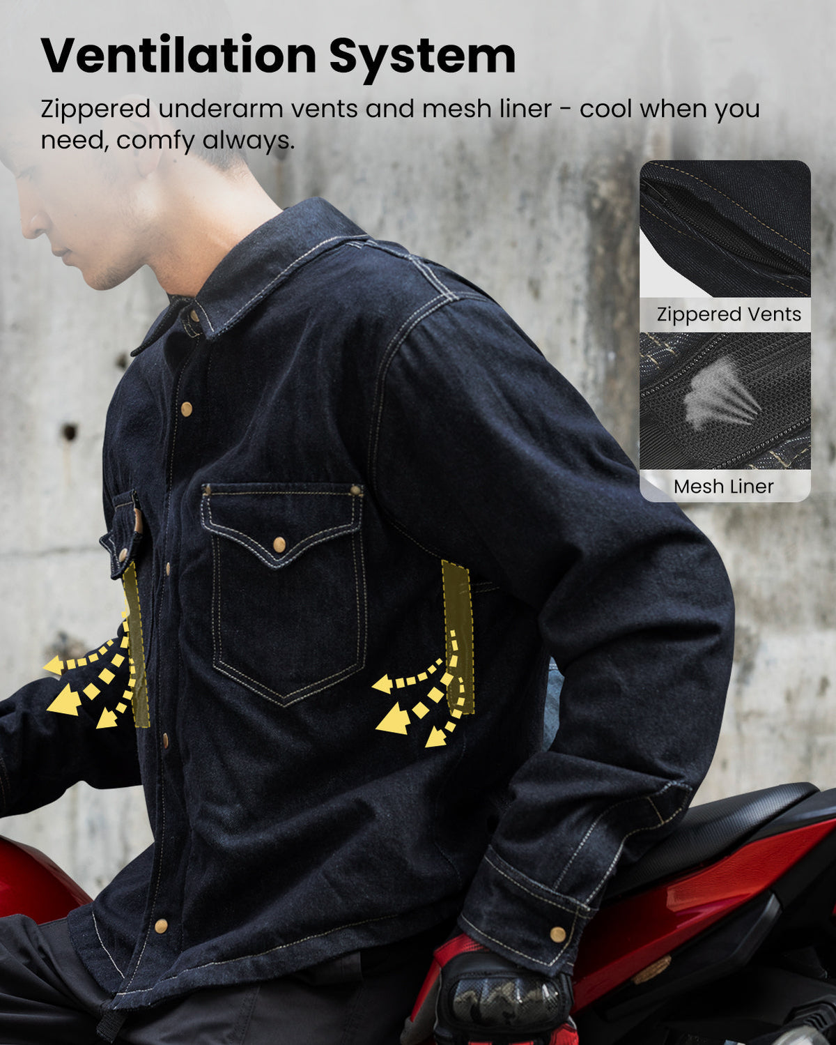 Motorcycle Shirt Denim Jacket for Men with CE Armor Mesh Liner Lightweight Motorbike